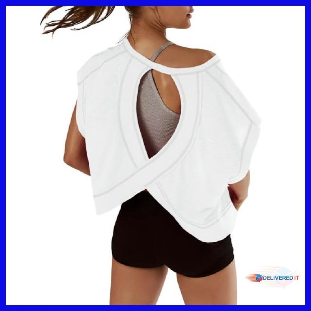 Women's Short Sleeve Crop Top Open Back Workout Tee Gym Athletic